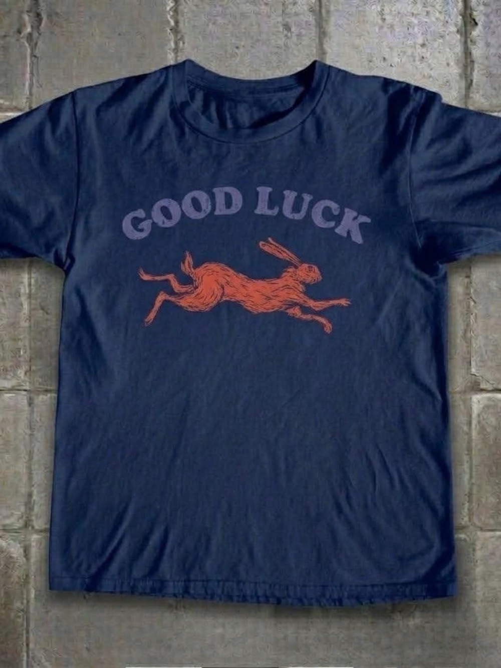 Gildan Navy Tee with Orange Rabbit 'Good Luck' Graphic